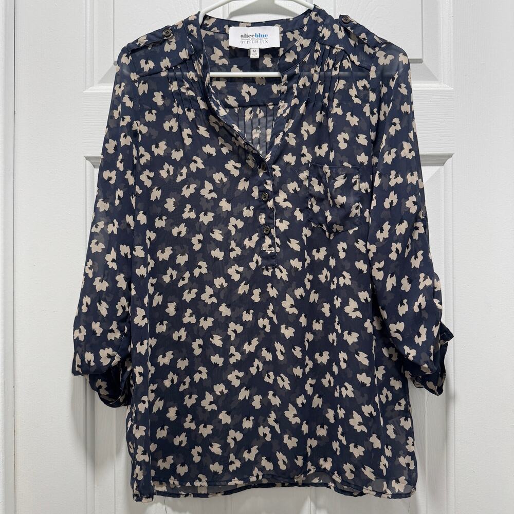 Alice Blue Stitch Fix Womens M Navy Floral Tunic Blouse Roll Tab Sleeve Top